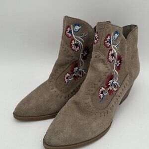 Embroidered Suede Ankle Boots With Floral Design & Side Zip Closure